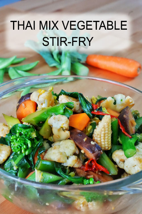 Thai vegetable stir-fry is garlicky, crisp-tender, and loaded with a spicy, sweet, savory, and garlicky taste. It is a quick and easy vegetarian dish.