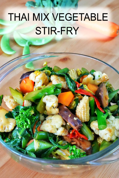 Thai vegetable stir-fry is garlicky, crisp-tender, and loaded with a spicy, sweet, savory, and garlicky taste. It is a quick and easy vegetarian dish.