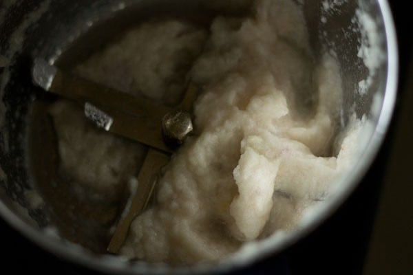 Ingredients ground to a smooth paste without water for making mushroom curry.