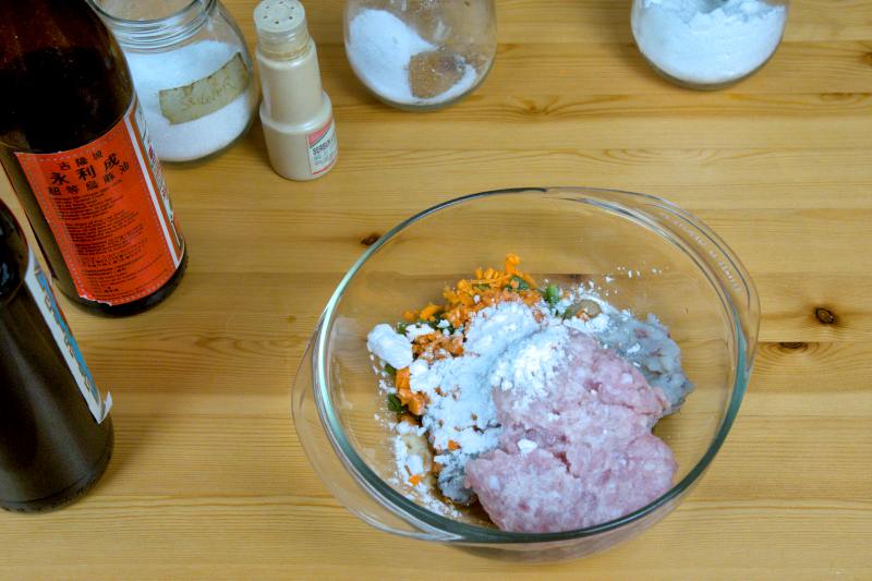 Seasoning the shrimp filling