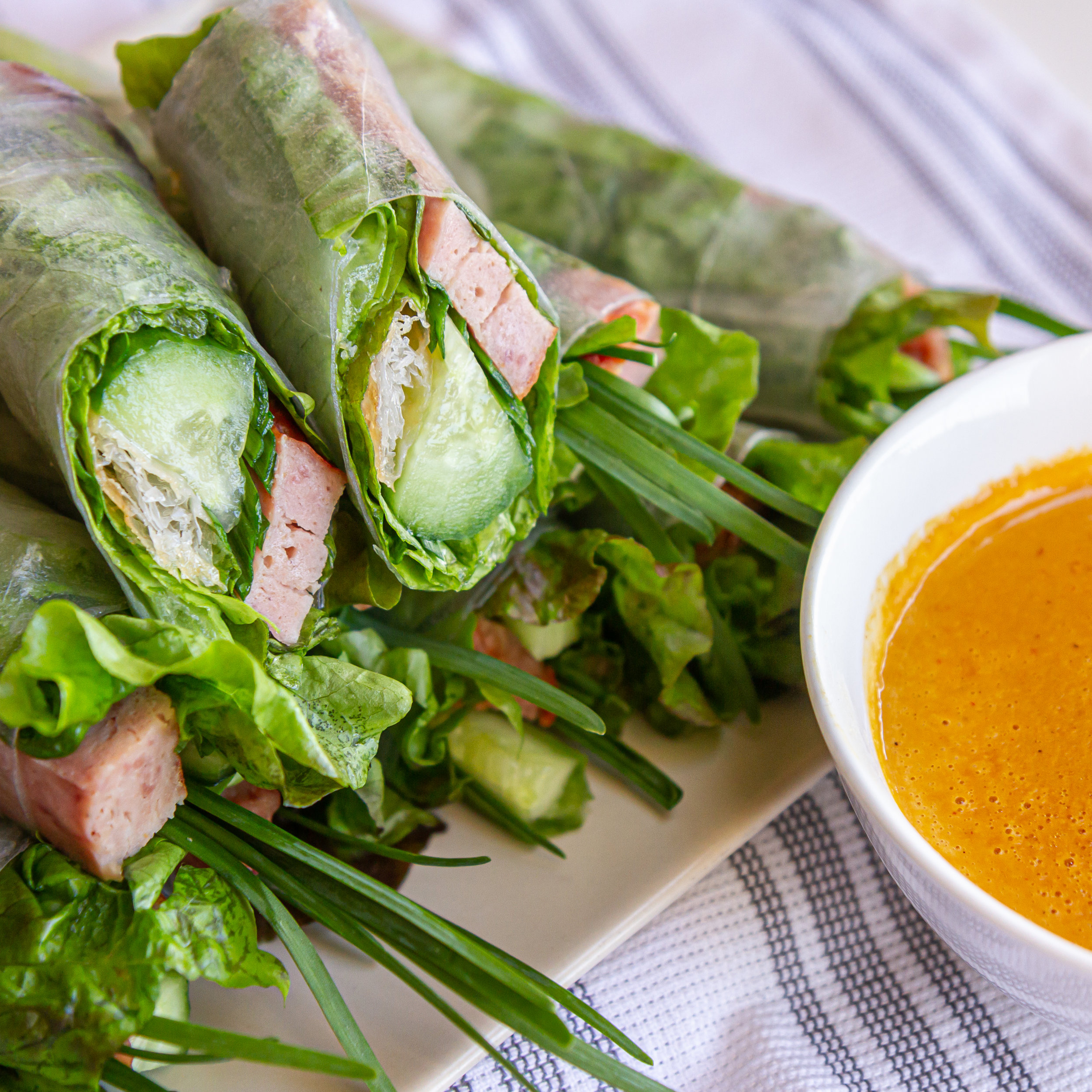 Vietnamese Grilled/Baked Pork Sausage Spring Rolls with Orange Dipping Sauce (Nem Nuong Nha Trang)