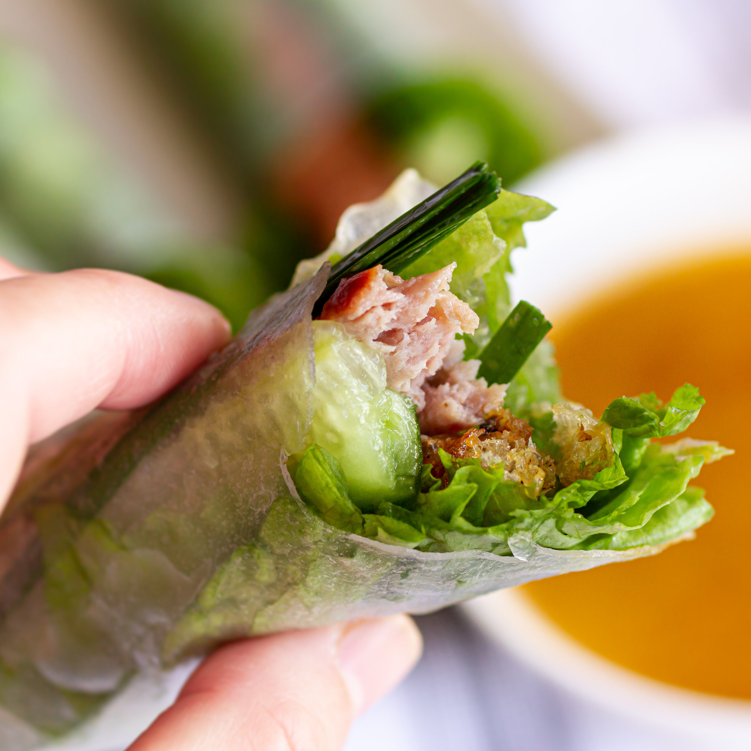 Vietnamese Grilled/Baked Pork Sausage Spring Rolls with Orange Dipping Sauce (Nem Nuong Nha Trang)