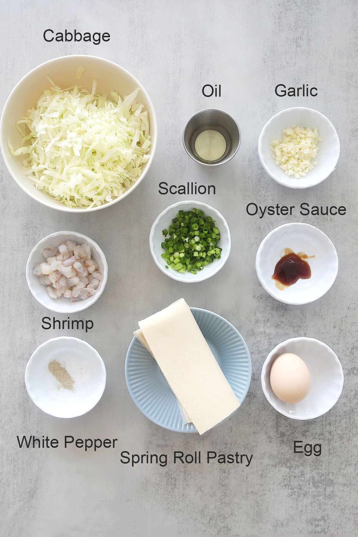 Ingredients for air fryer spring rolls.