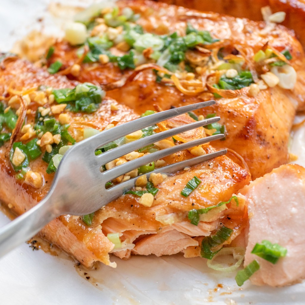 Air Fryer Vietnamese Salmon (Ca Hoi Nuong) - Flaked off with a fork
