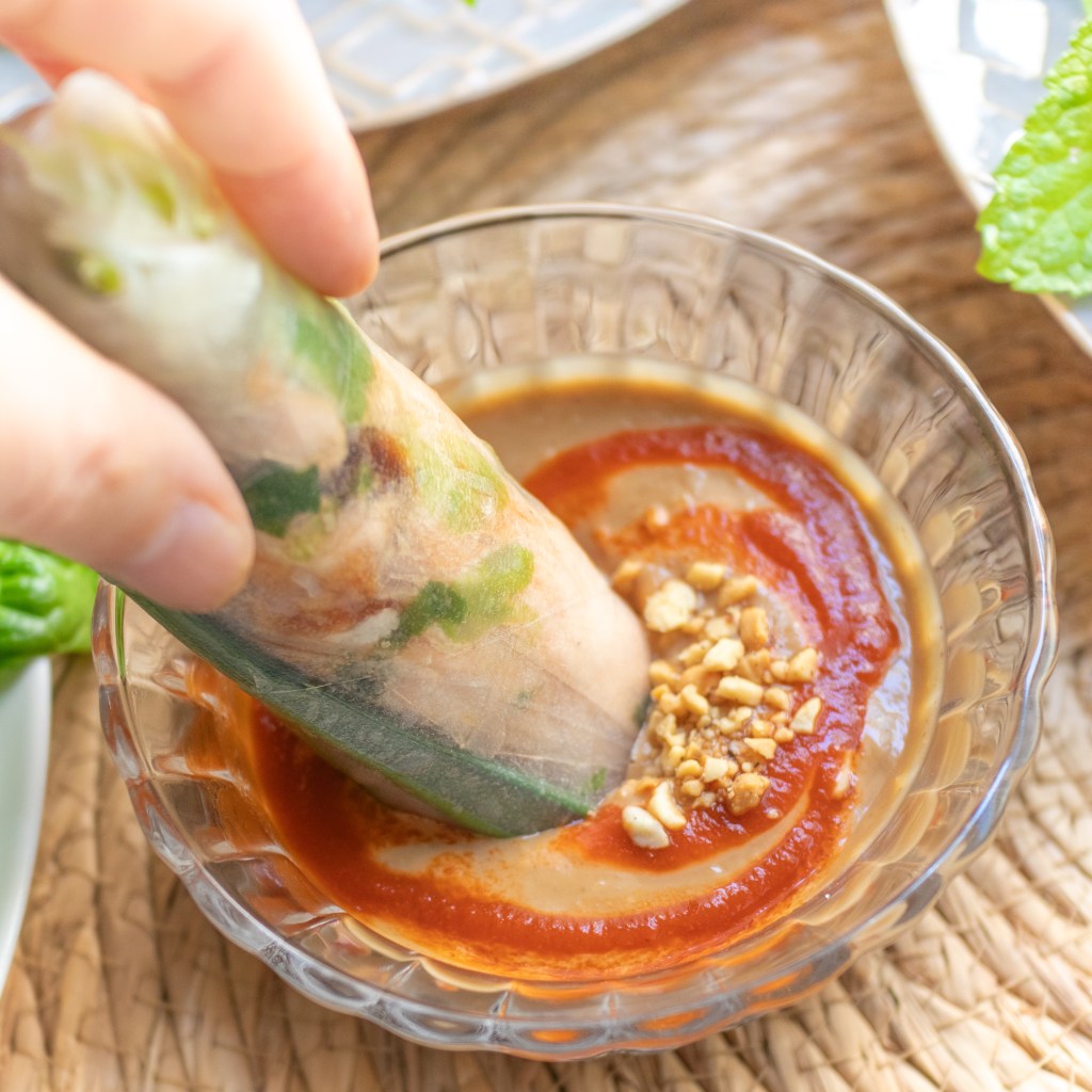Vietnamese Salmon Spring Rolls (Gỏi Cuốn Cá Hồi) Dipped in Peanut Sauce